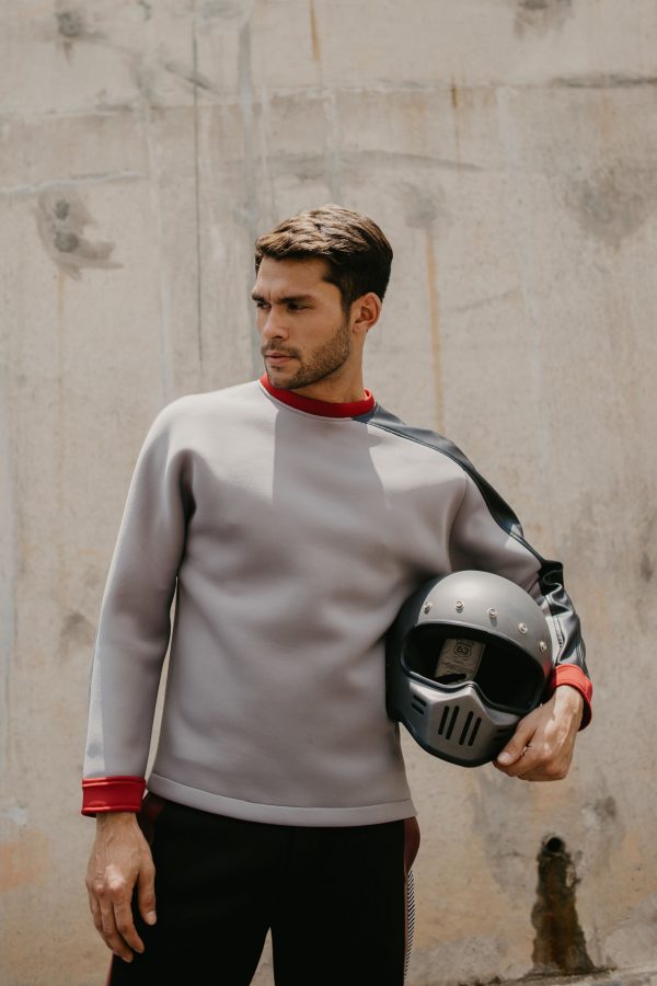 Leather Black Stripe Neoprene Jumper (Grey With Black Leather Stripe)