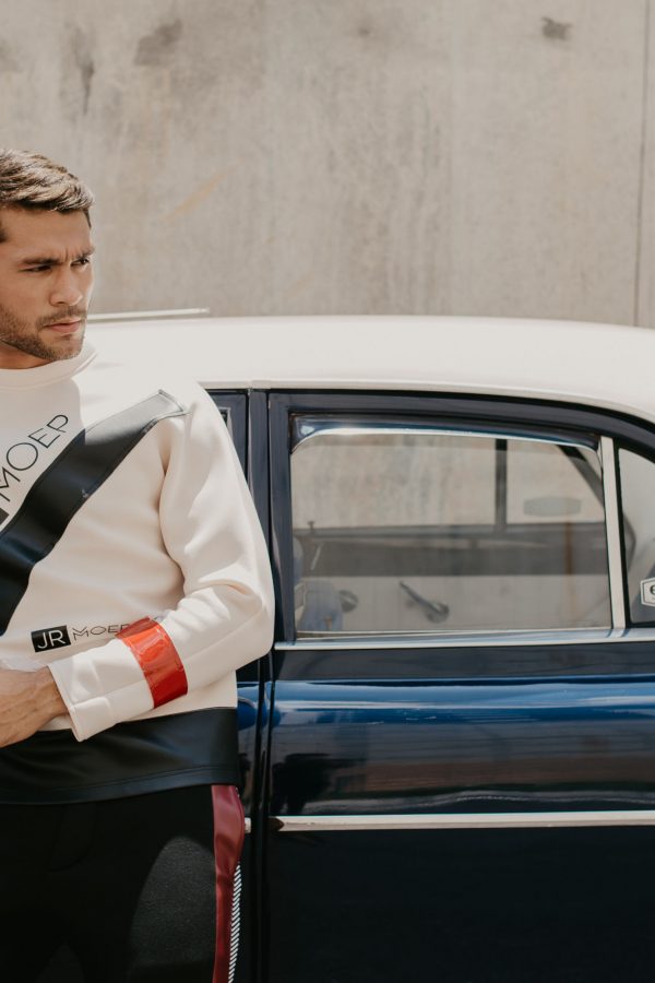 Duo Stripe Fabric Neoprene Jumper (Beige Neoprene And Black Leather Stripe)