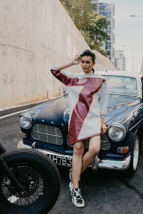 Duo Fabric Neoprene Dress Jumper (Grey Neoprene And Red PU Leather)