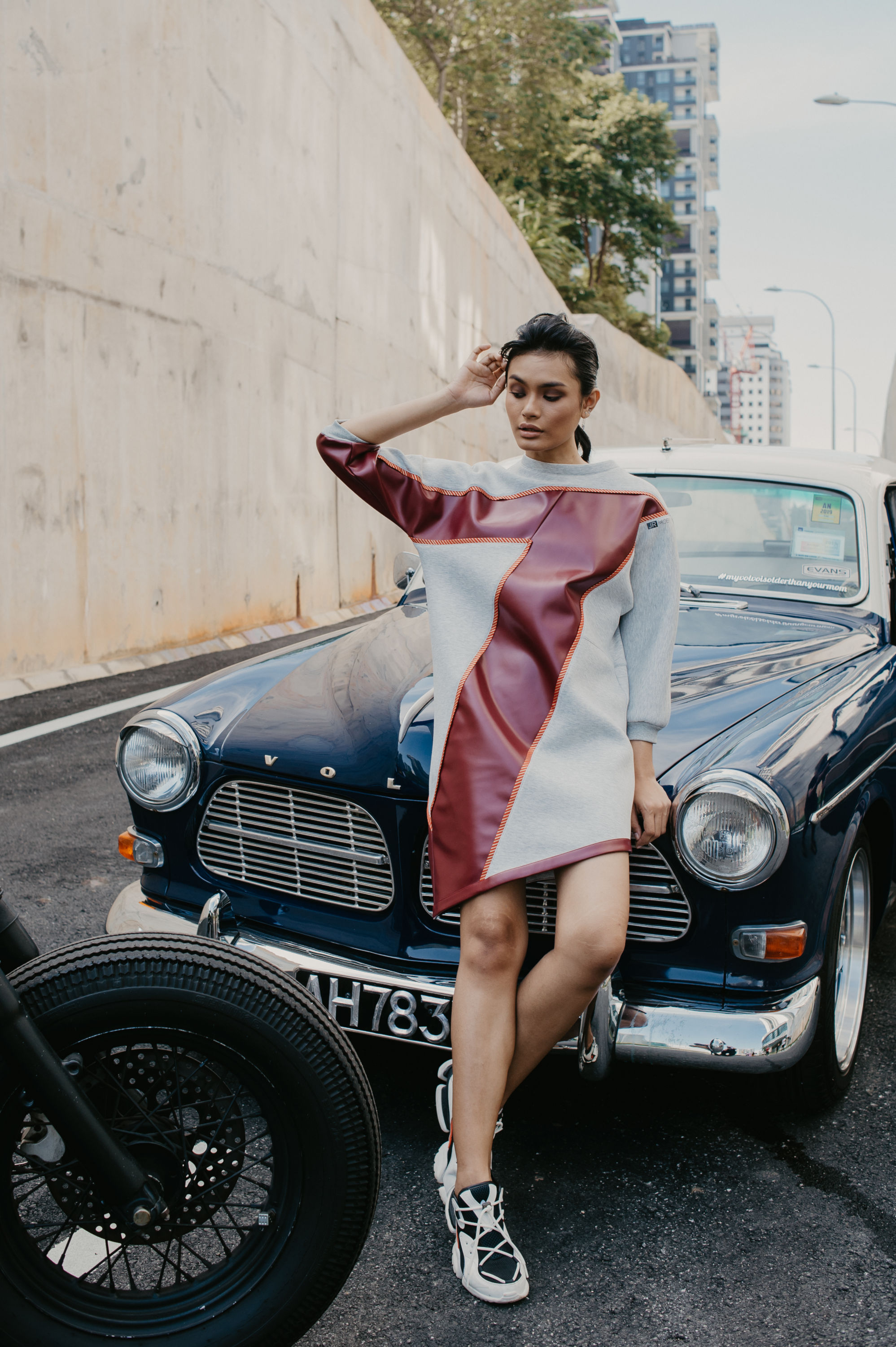 Duo Fabric Neoprene Dress Jumper (Grey Neoprene And Red PU Leather) Duo Fabric Neoprene Dress Jumper (Grey Neoprene And Red PU Leather)