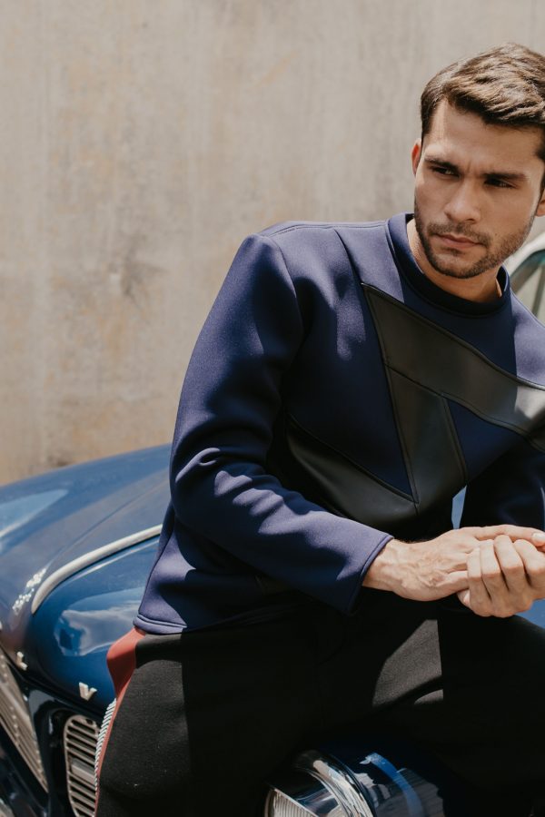 Black Leather Zigzag Stripe Jumper (Midnight Blue)