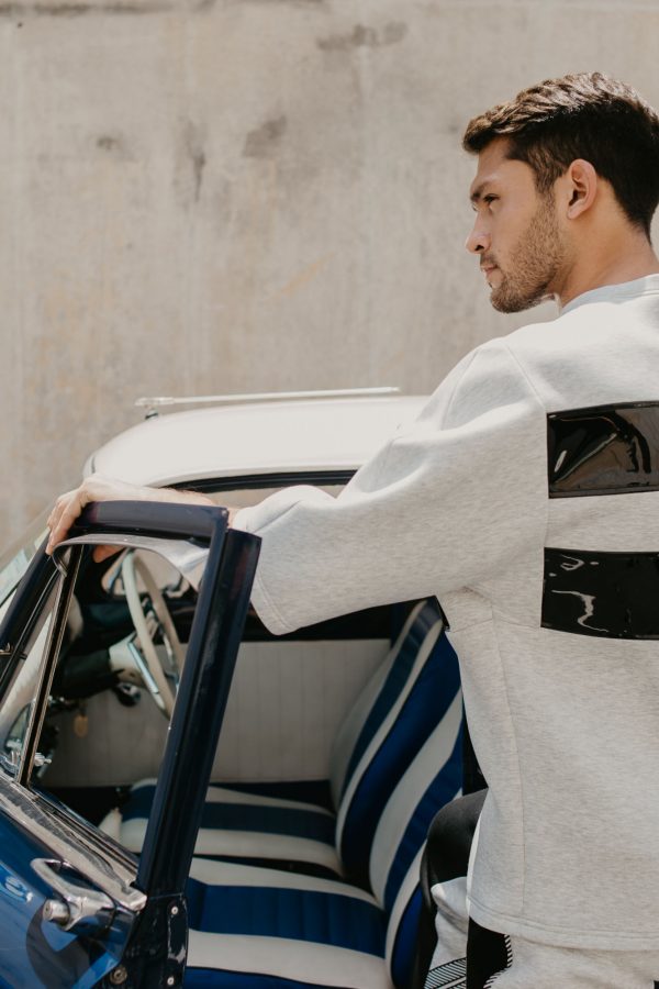 Leather Stripe Neoprene Jumper (Grey)