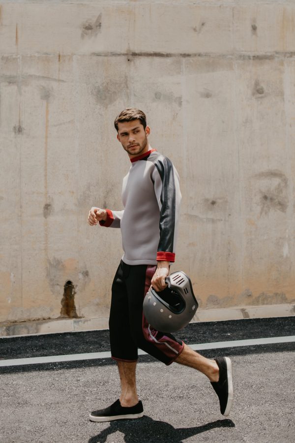 Leather Black Stripe Neoprene Jumper (Grey With Black Leather Stripe)