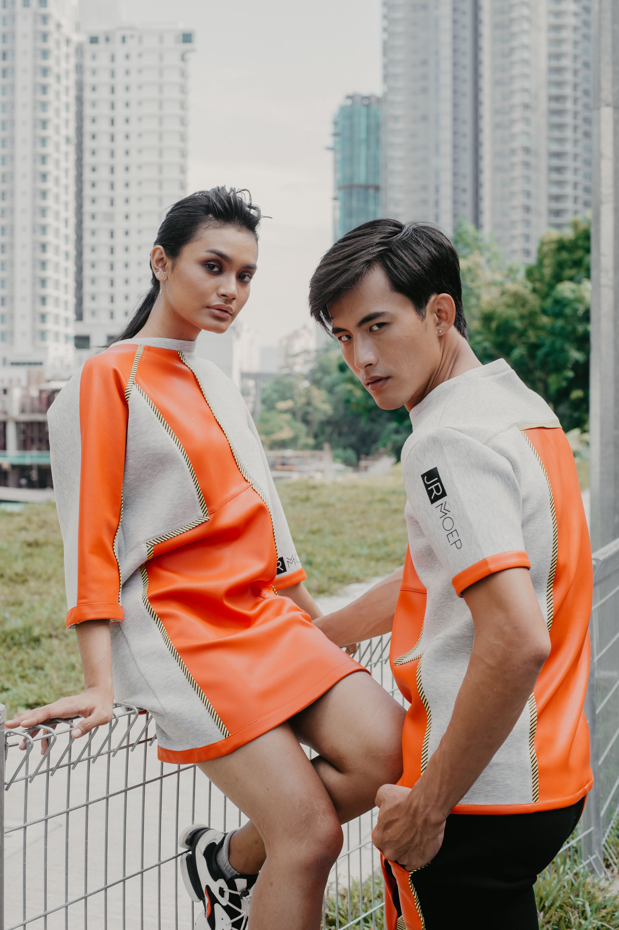 Duo-Fabric Neoprene Jumper (Grey neoprene with orange PU leather) Men Duo-Fabric Neoprene Jumper (Grey neoprene with orange PU leather) Men