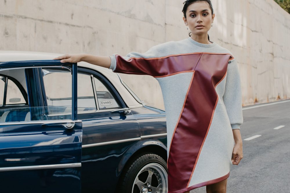 Duo Fabric Neoprene Dress Jumper (Grey Neoprene And Red PU Leather)