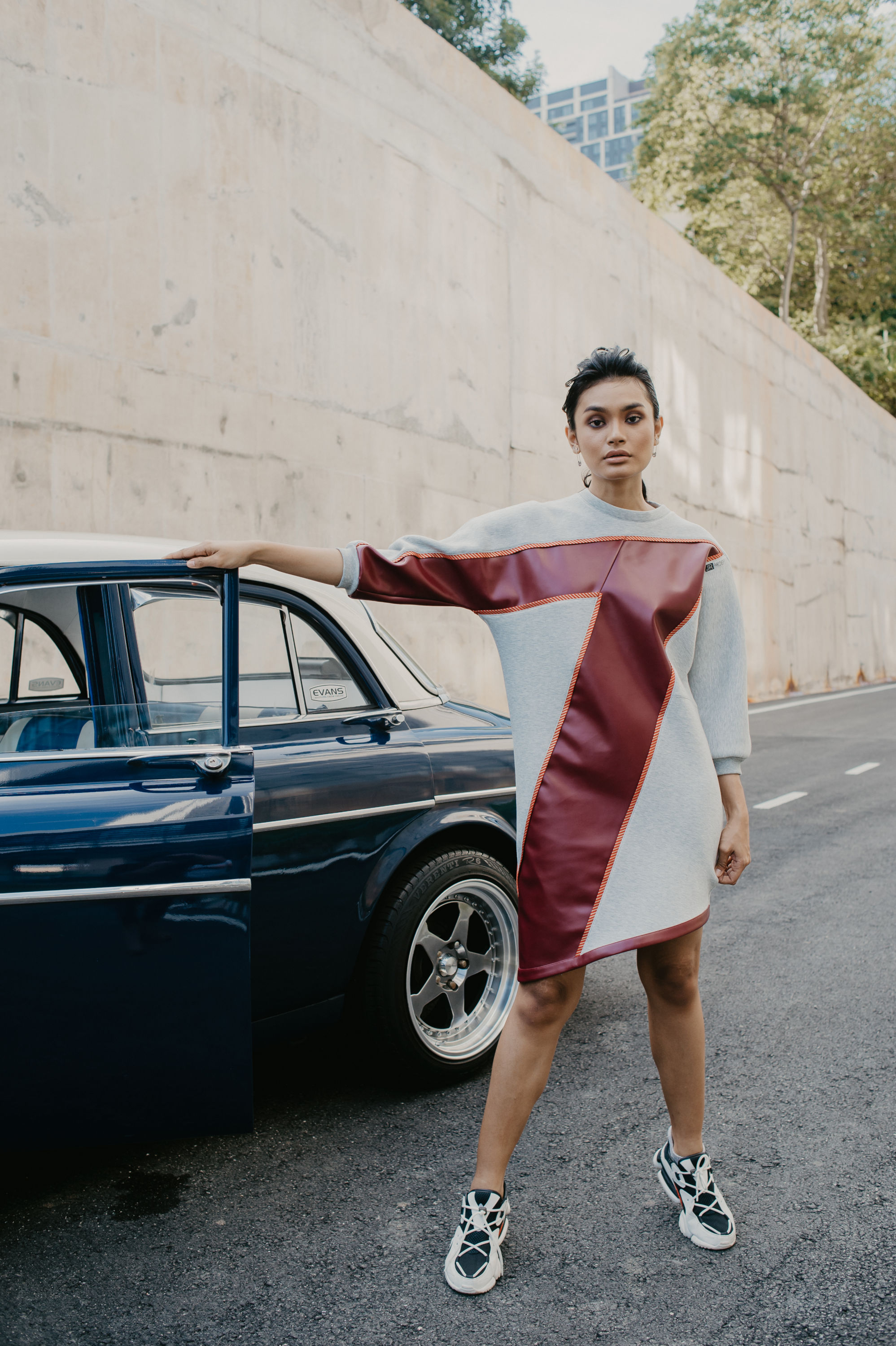 Duo Fabric Neoprene Dress Jumper (Grey Neoprene And Red PU Leather) Duo Fabric Neoprene Dress Jumper (Grey Neoprene And Red PU Leather)