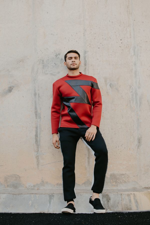 Black Leather Zigzag Stripe Jumper (Red)