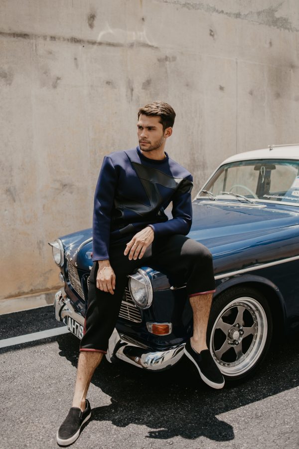 Black Leather Zigzag Stripe Jumper (Midnight Blue)