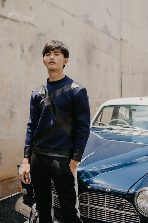 Black Leather Cross-Over Stripe Jumper (Midnight Blue)