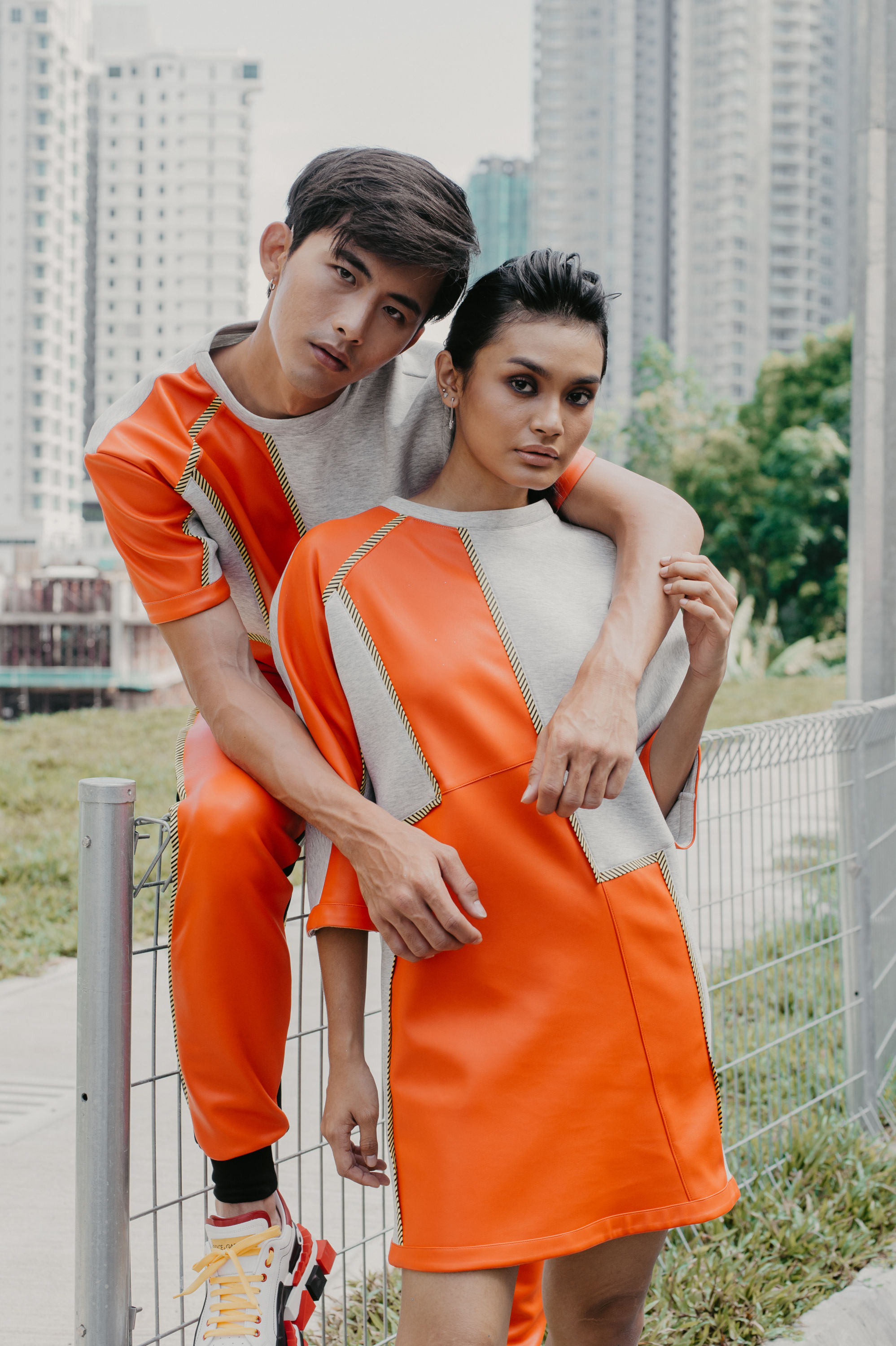 Duo-Fabric Neoprene Jumper (Grey neoprene with orange PU leather) Men Duo-Fabric Neoprene Jumper (Grey neoprene with orange PU leather) Men