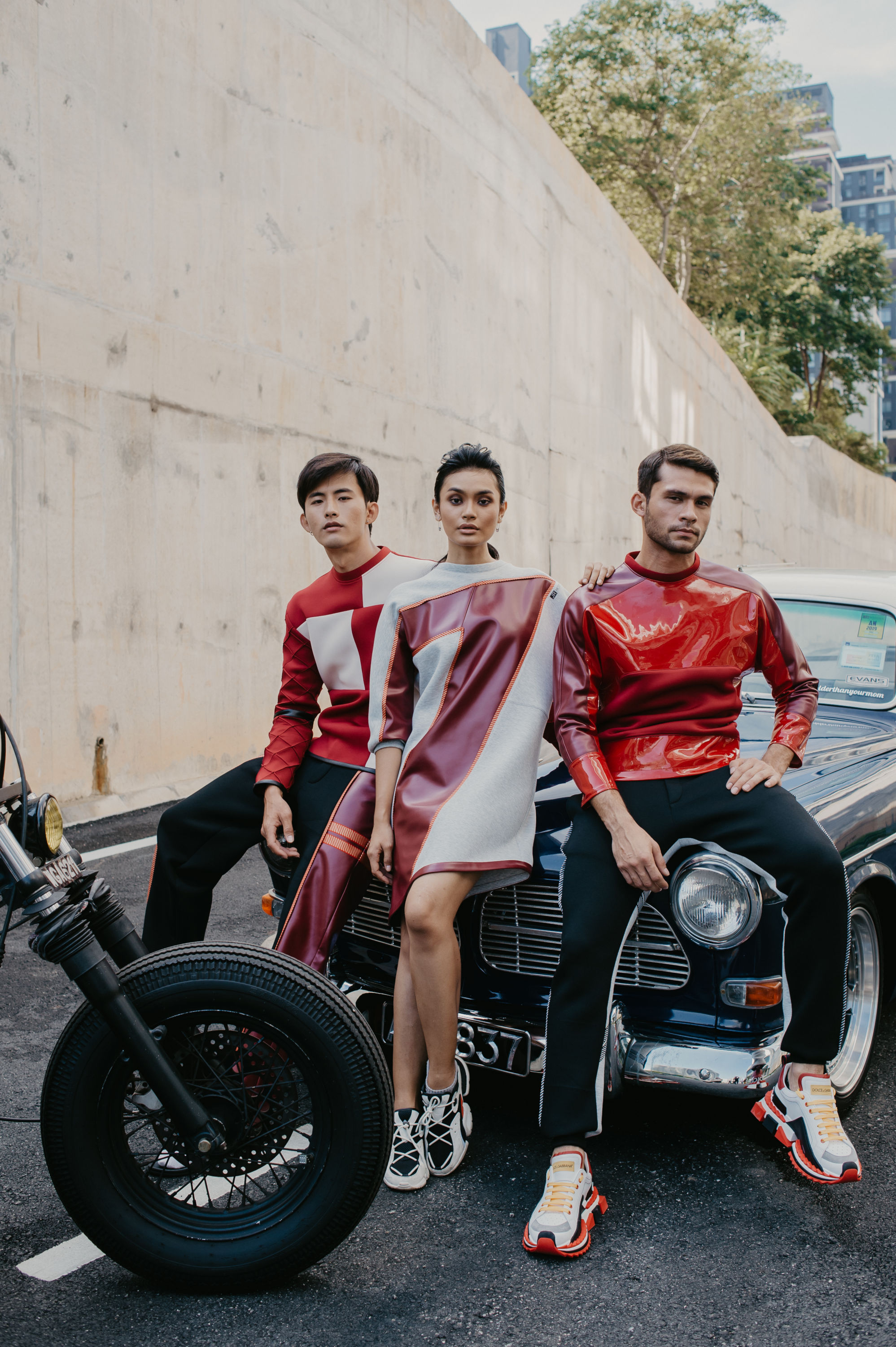 Duo Fabric Neoprene Dress Jumper (Grey Neoprene And Red PU Leather) Duo Fabric Neoprene Dress Jumper (Grey Neoprene And Red PU Leather)