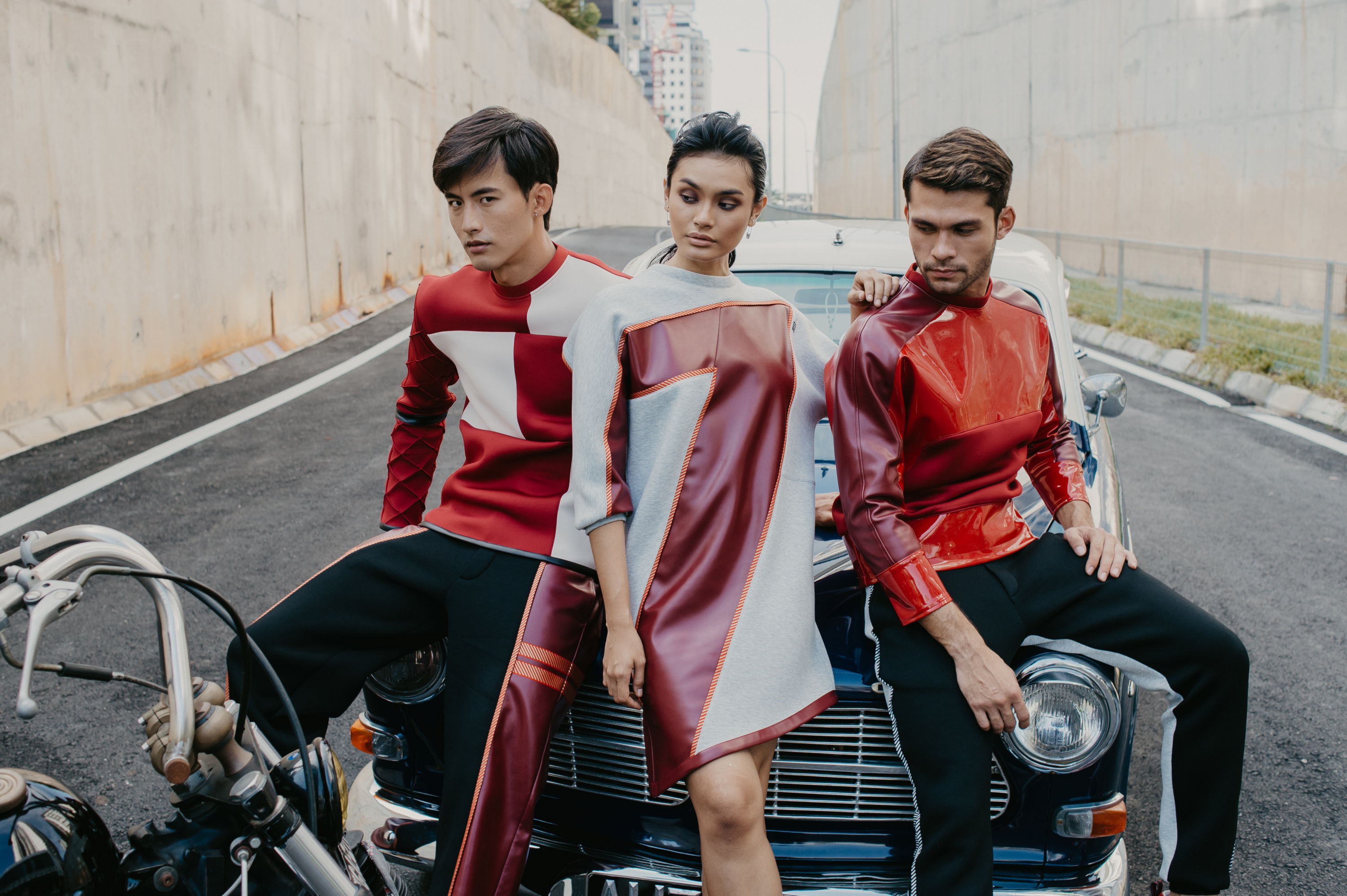 Duo Fabric Neoprene Dress Jumper (Grey Neoprene And Red PU Leather) Duo Fabric Neoprene Dress Jumper (Grey Neoprene And Red PU Leather)